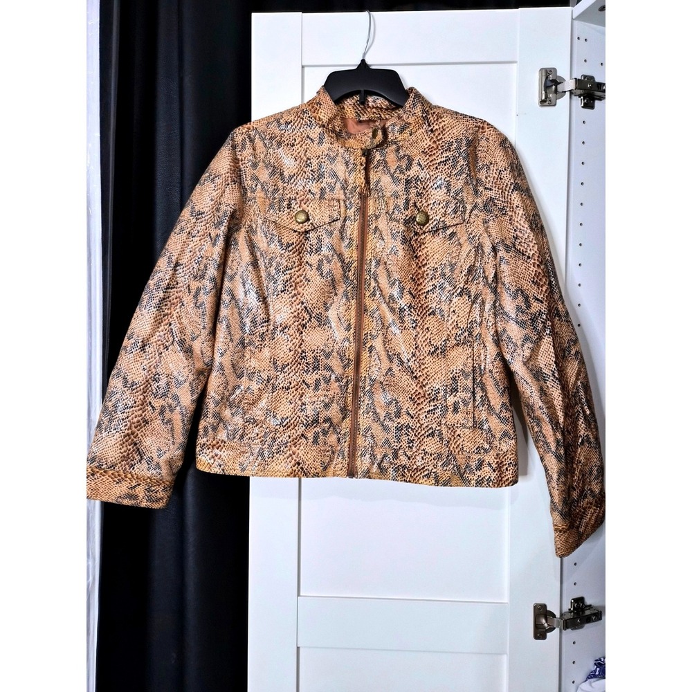 Live a Little Womens Faux Leather Snakeskin Print Moto Jacket Brown Tan Size L